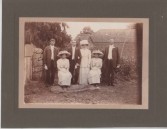 VJA558 Wedding of Margaret Swain and Ernest Clarke at Pond Farm, Seavington St Michael. Margaret was born 1885c, the daughter of Sealey Swain born 1861c.  He was a coachman lodging in Silver Street, Ilminster on 1901 census.  Also in photo is Mark Swain born 1883.  The bridesmaids are Bessie and Kate Stuckey born 1890c. The older man could be the Bride's father Sealey Stuckey born 1861.